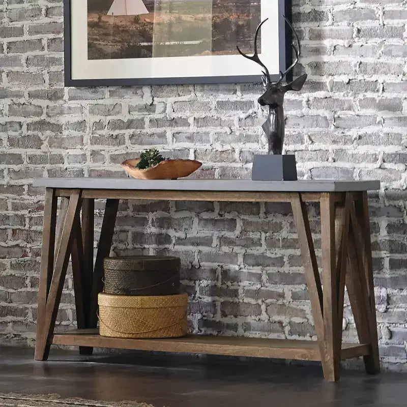 Table de console média avec plateau enduit de béton et bois gris clair/marron