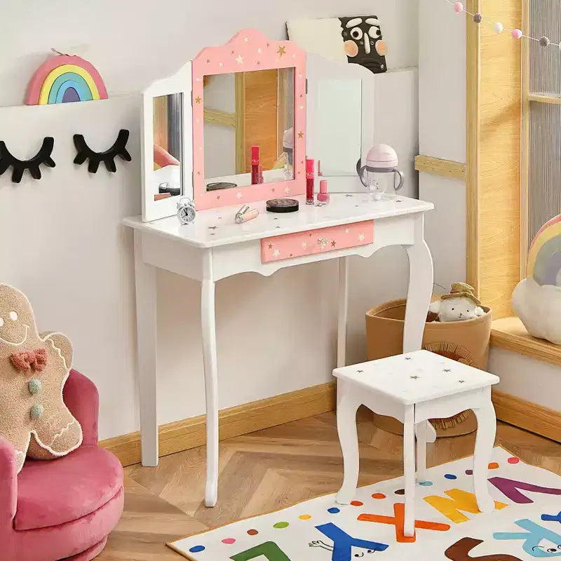 Coiffeuse enfant princesse, avec chaise et miroir triptyque