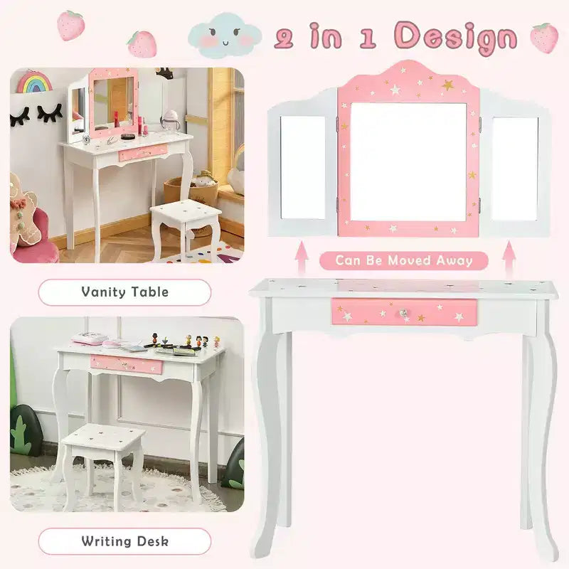 Coiffeuse enfant princesse, avec chaise et miroir triptyque