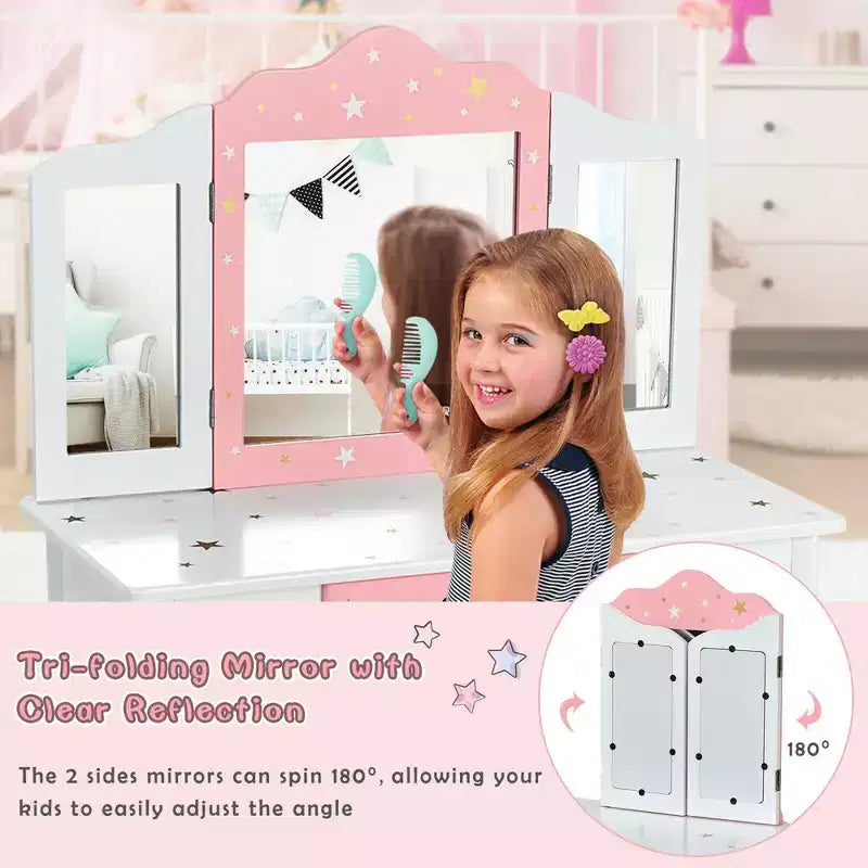 Coiffeuse enfant princesse, avec chaise et miroir triptyque