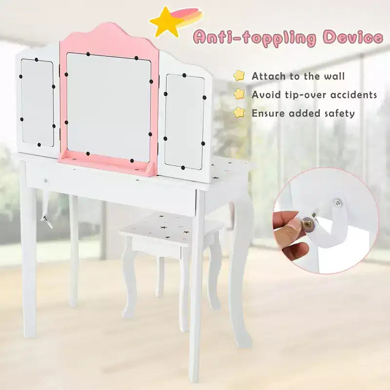 Coiffeuse enfant princesse, avec chaise et miroir triptyque
