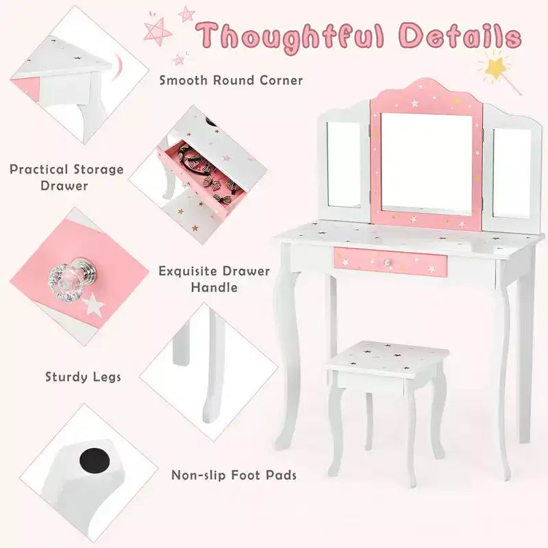 Coiffeuse enfant princesse, avec chaise et miroir triptyque