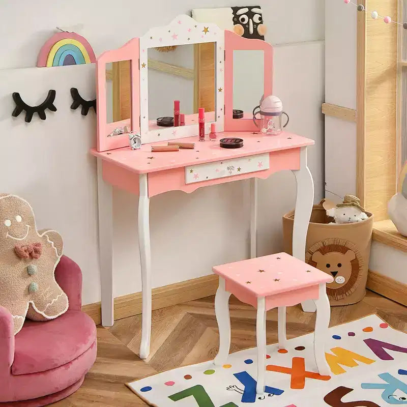 Coiffeuse enfant princesse, avec chaise et miroir triptyque