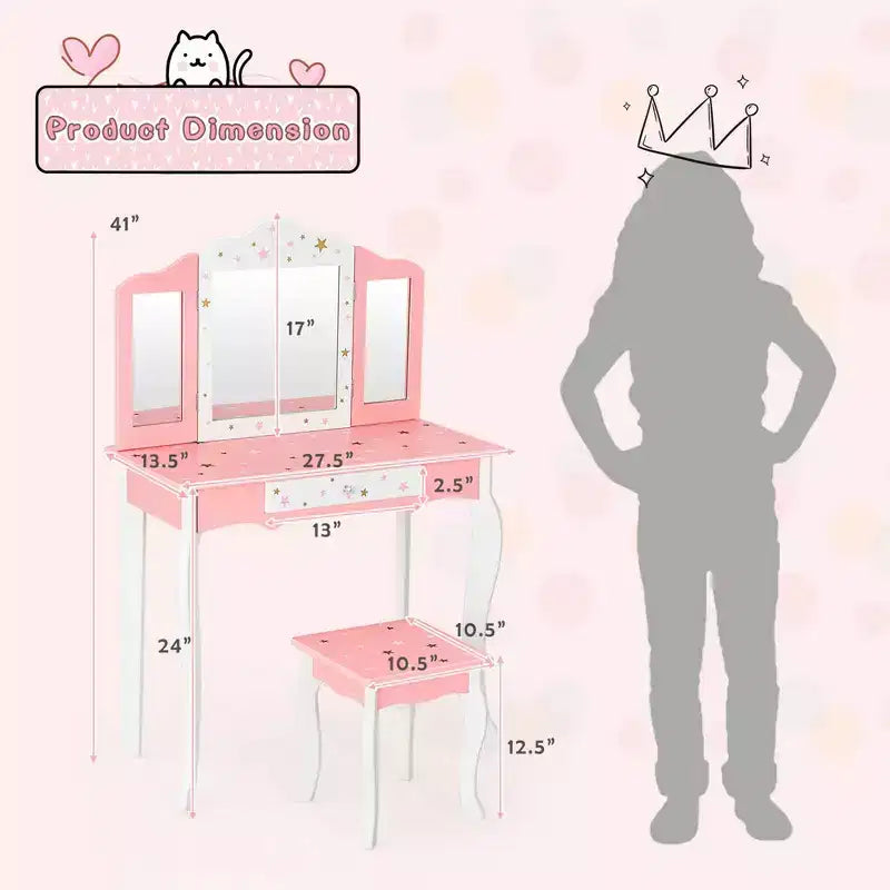 Coiffeuse enfant princesse, avec chaise et miroir triptyque