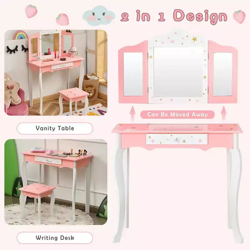 Coiffeuse enfant princesse, avec chaise et miroir triptyque