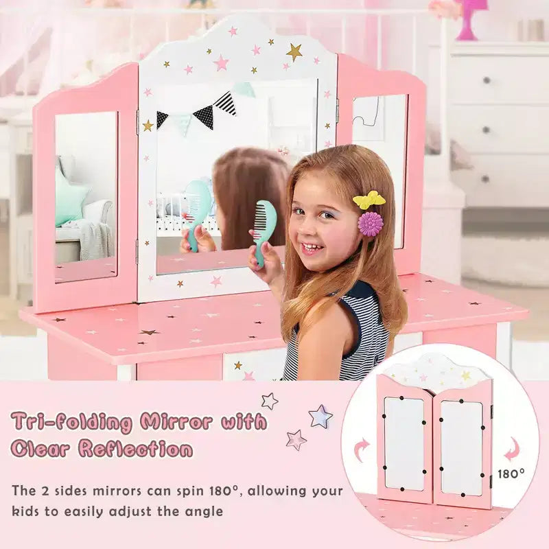 Coiffeuse enfant princesse, avec chaise et miroir triptyque