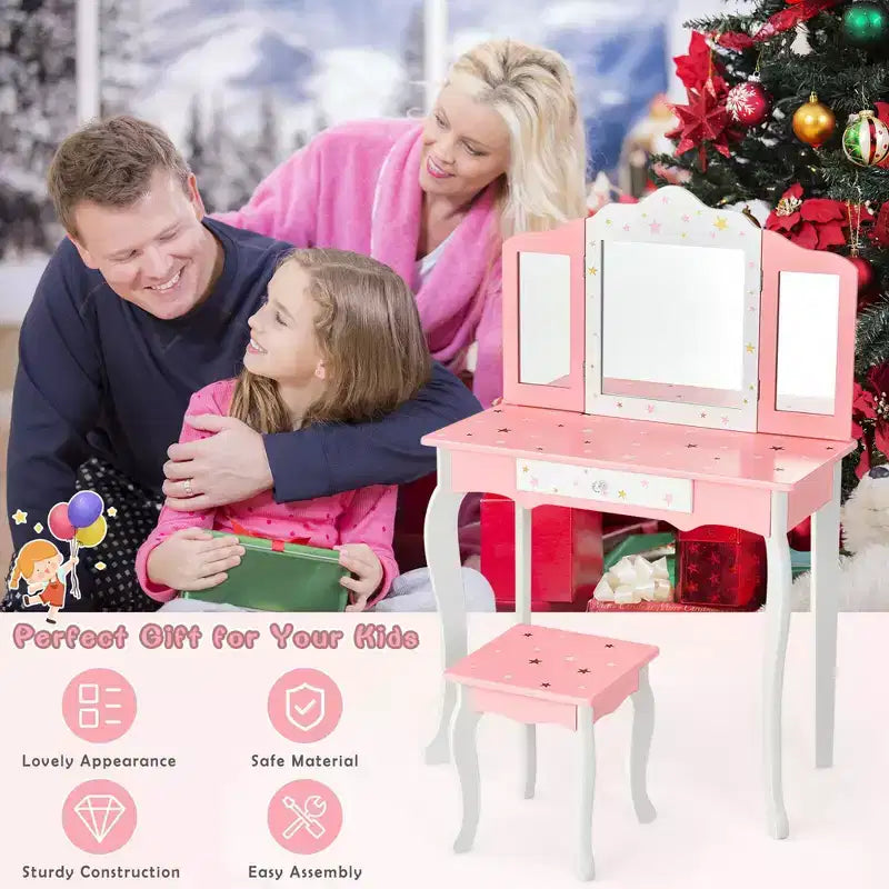 Coiffeuse enfant princesse, avec chaise et miroir triptyque