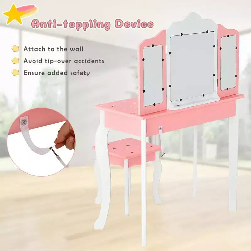 Coiffeuse enfant princesse, avec chaise et miroir triptyque