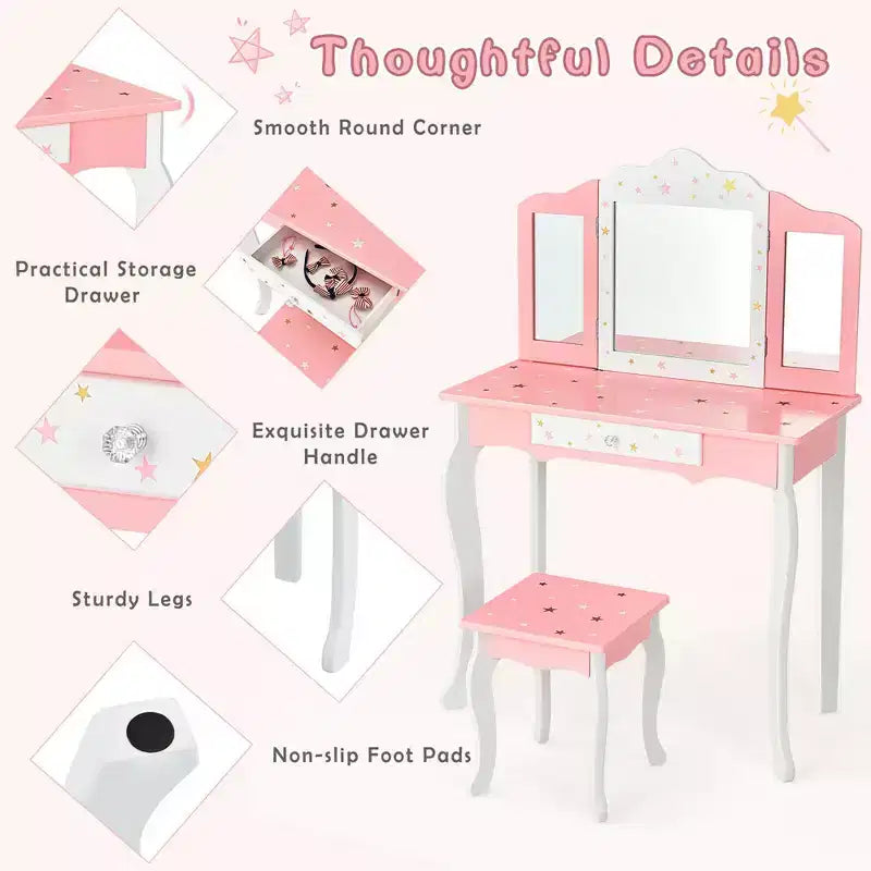 Coiffeuse enfant princesse, avec chaise et miroir triptyque
