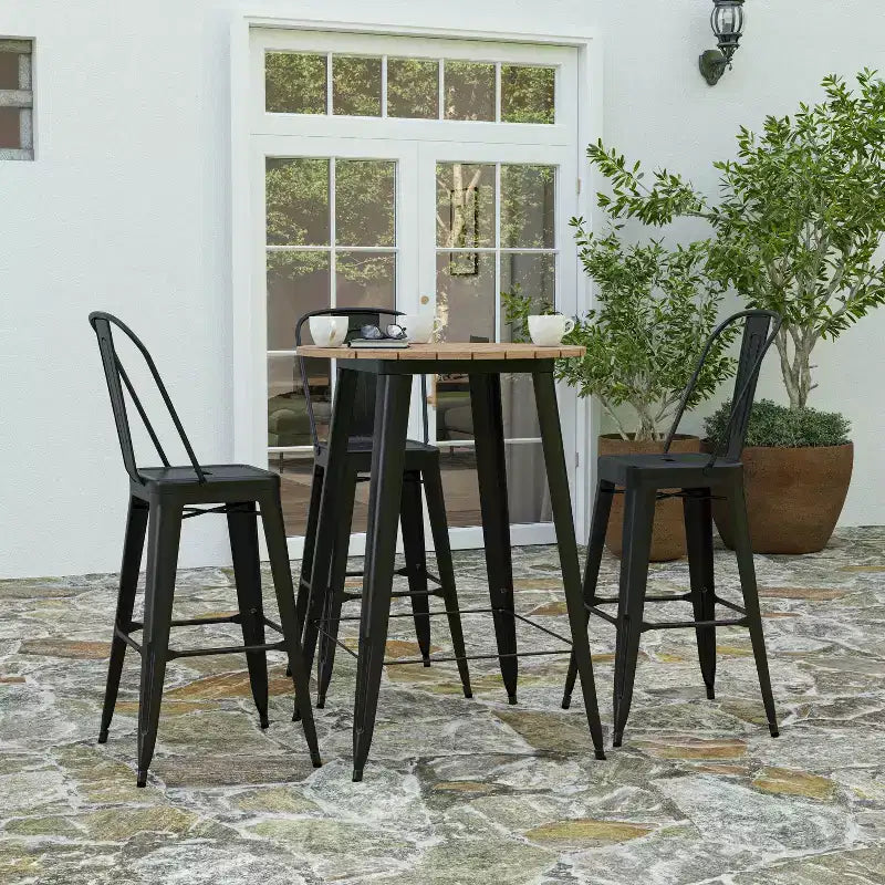 Table de bar intérieur/extérieur, plateau rond en polyrésine tout temps de 30 po avec base en acier