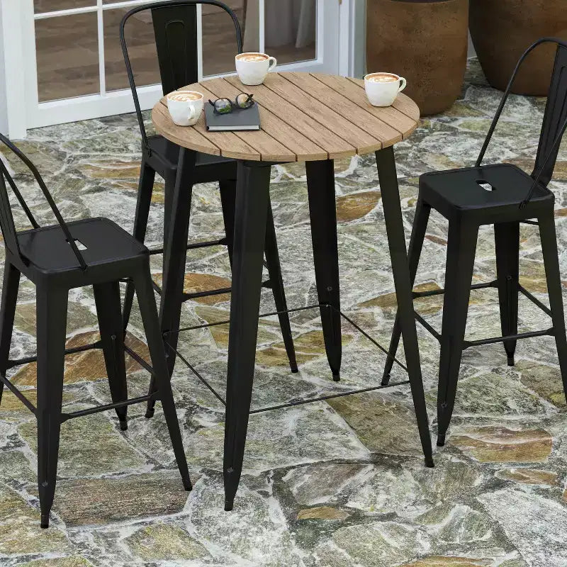 Table de bar intérieur/extérieur, plateau rond en polyrésine tout temps de 30 po avec base en acier