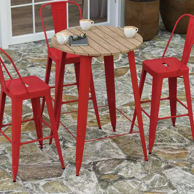 Table de bar intérieur/extérieur, plateau rond en polyrésine tout temps de 30 po avec base en acier